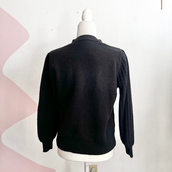 Black Floral Embroidered Cardigan Pom Pom Vintage Cottagecore Academia Medium - Picture 3 of 5